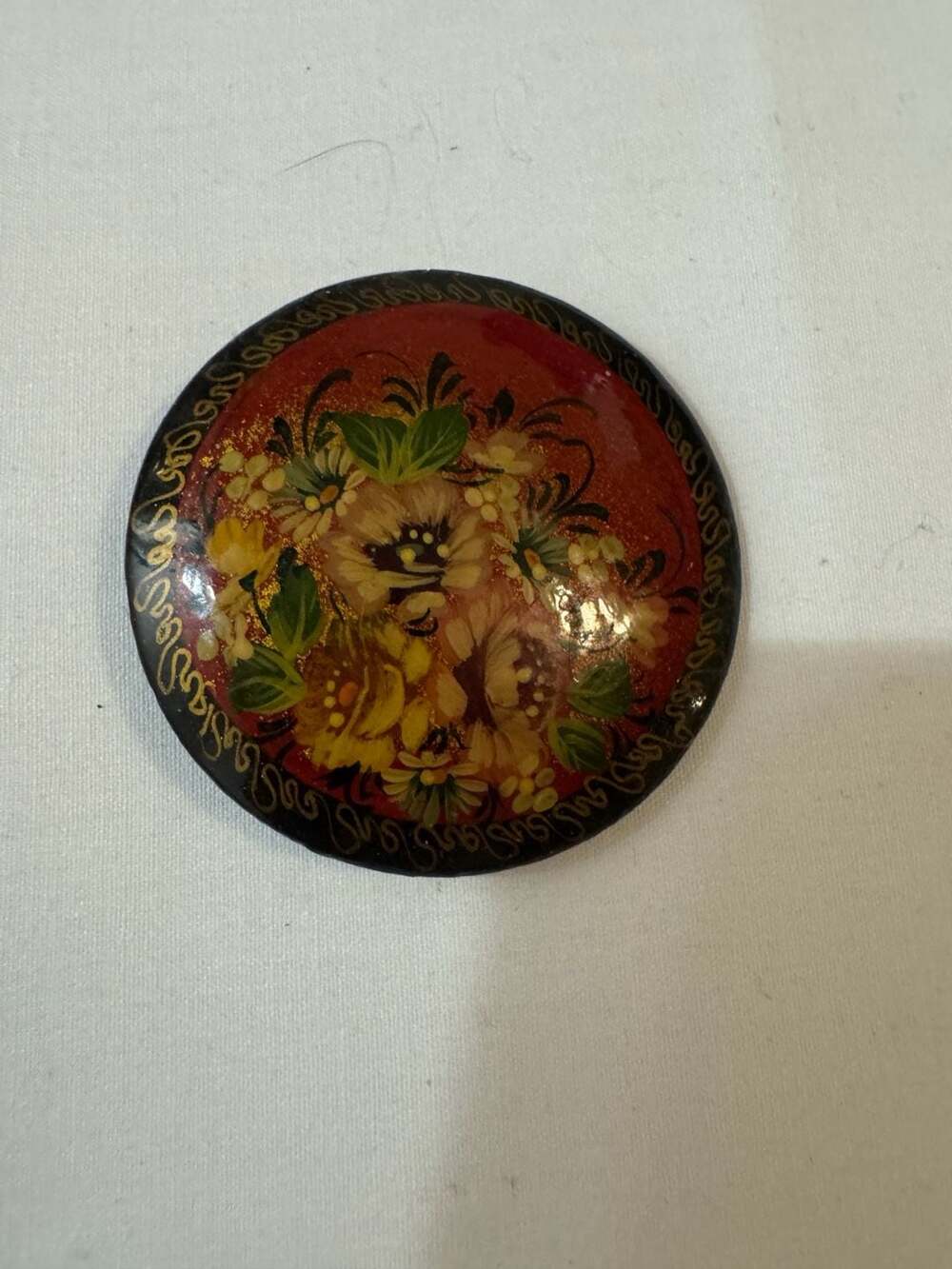 Vintage 1992 Hand Painted Russian Lacquer Floral Brooch